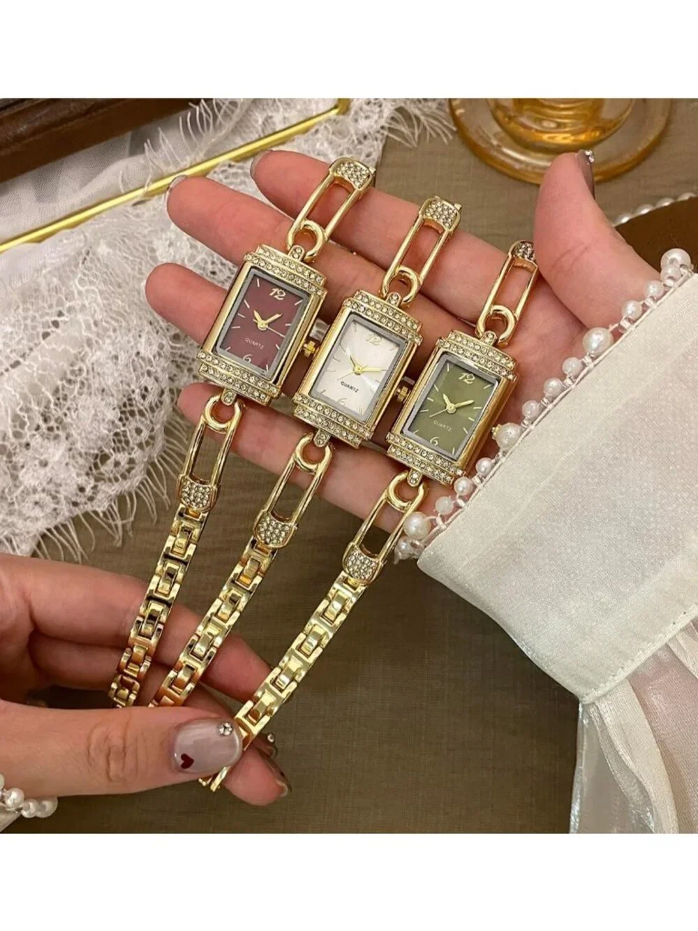Women's Gold Green Vintage Rectangular Bracelet Luxury Crystal Quartz Wristwatch